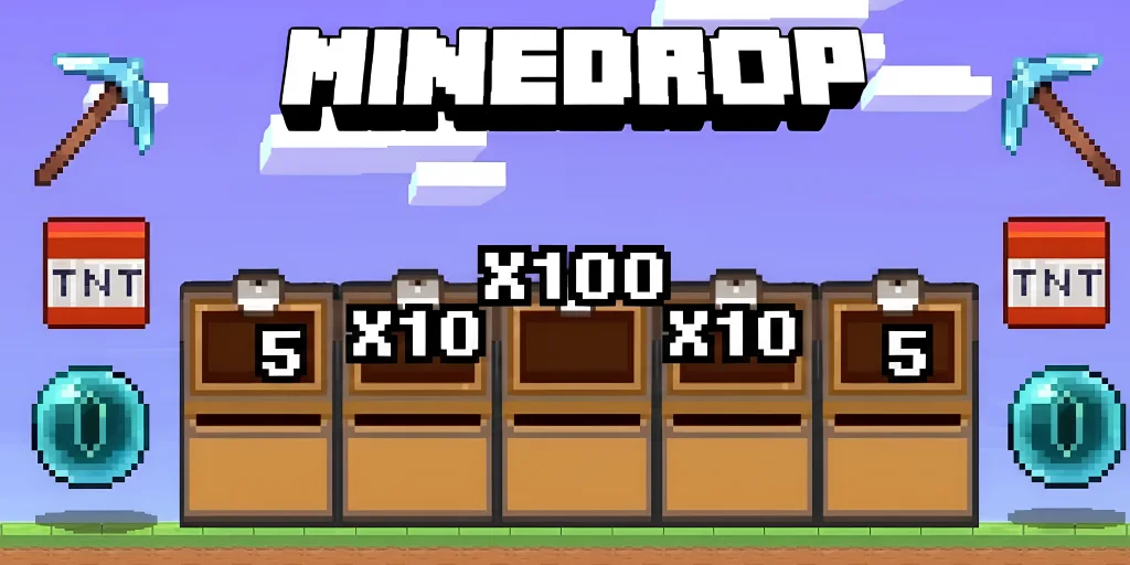 Schermata di gioco Minedrop con casse e moltiplicatori.