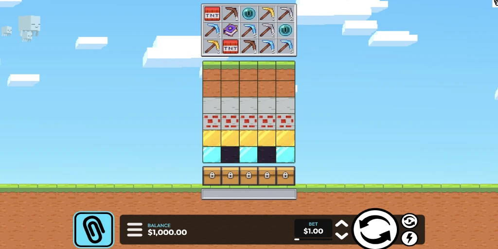 Schermata di gioco Minedrop con griglia e simboli.